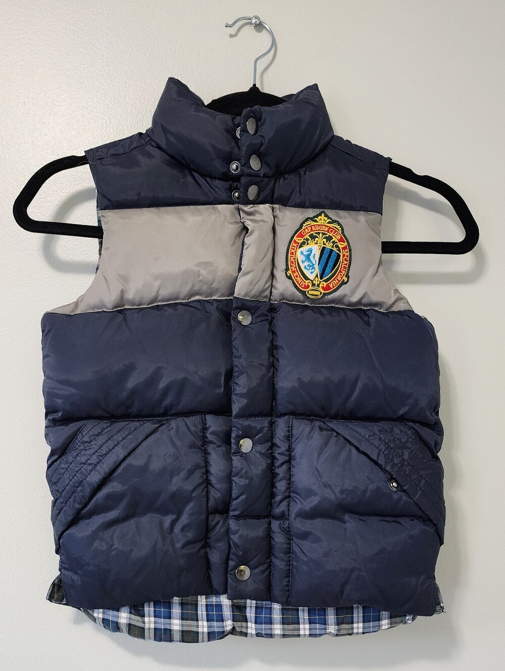 GapKids Rugby Club Puffer Vest XS 4-5 Navy Plaid